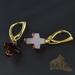 Cross amber earrings with silver-gold